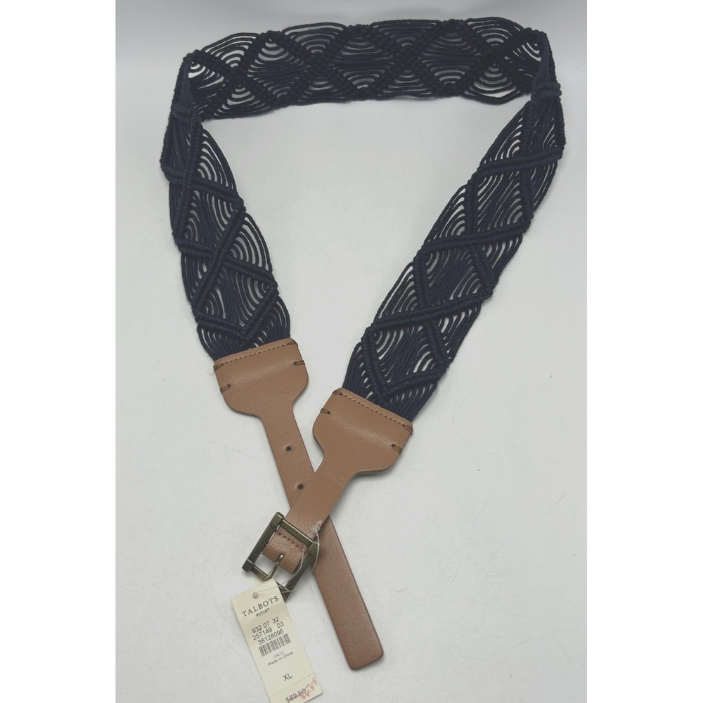 Talbots Statement Belt Womens XL Blue Cotton Woven Braided Leather Trim Boho